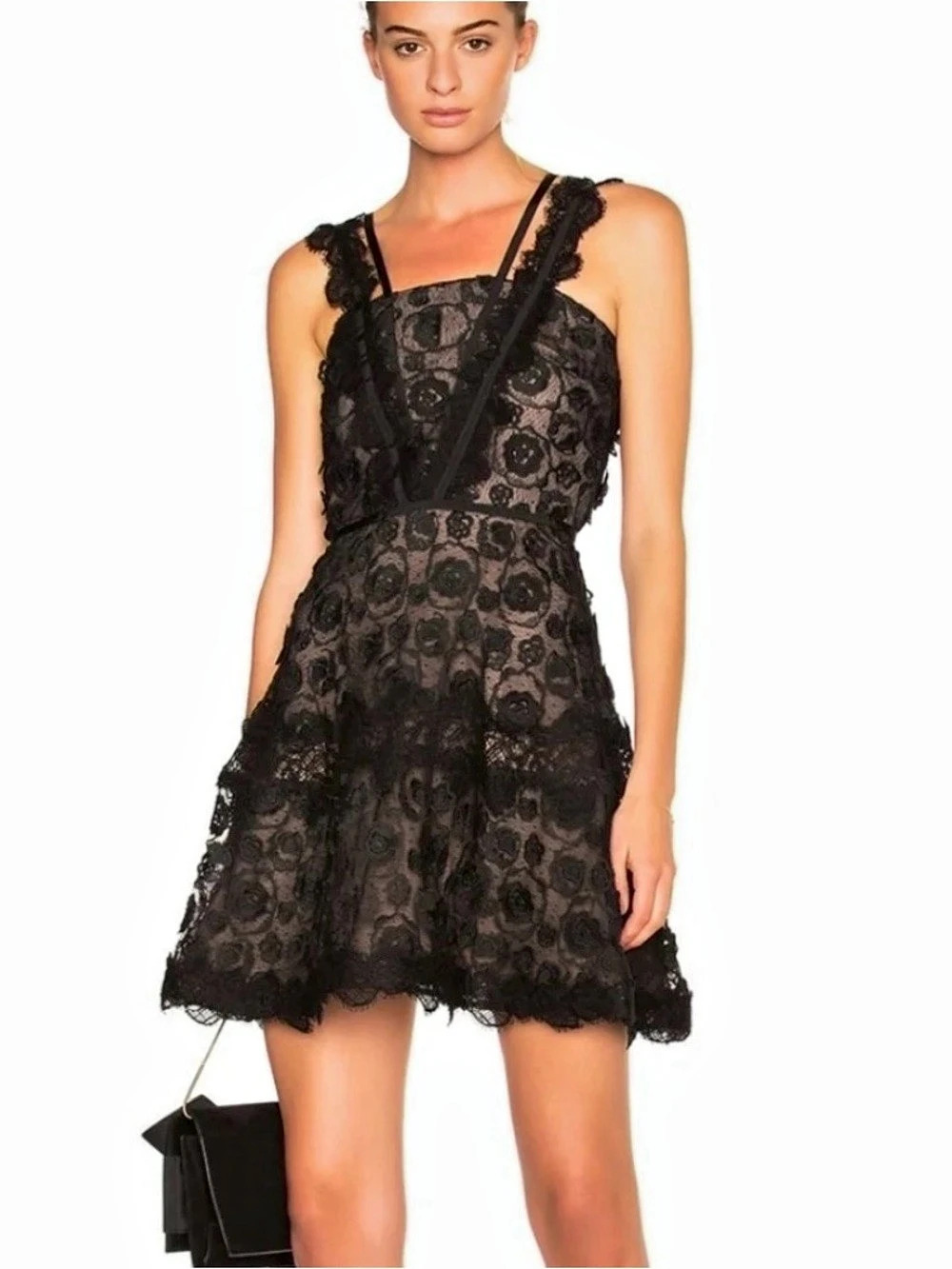 Alexis Mindy Black Lace 3D Rosette Mini Dress XS Excellent Condition